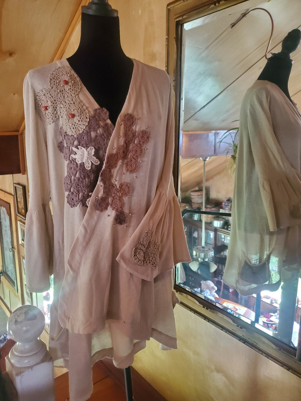 Embellished Boho Taupe Wrap-Style Cardigan